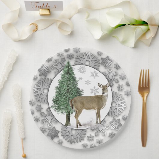 Silver Snowflake met Whitetail Deer Holiday Papieren Bordje (Huwelijk)