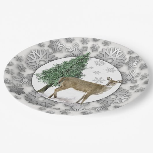Silver Snowflake met Whitetail Deer Holiday Papieren Bordje (Gekanteld)