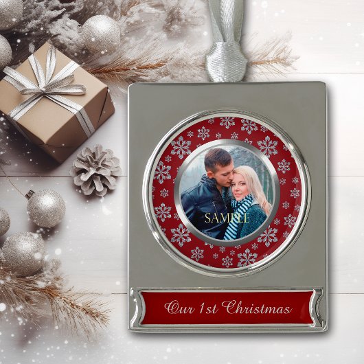 Silver Snowflake op Red First Kerstmis Verzilverd Banner Ornament