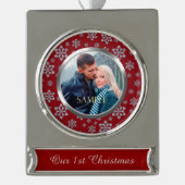 Silver Snowflake op Red First Kerstmis Verzilverd Banner Ornament (Voorkant)