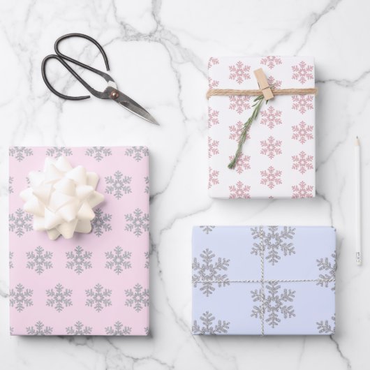 Silver Snowflake Pattern Pink Blue White Kerstmis Inpakpapier Vel (Voorkant)