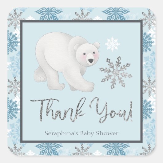 Silver Snowflake Polar Beer Baby shower Dank u Vierkante Sticker (Voorkant)
