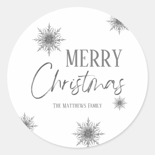 Silver Snowflake Script Merry Kerstry Ronde Sticker (Voorkant)
