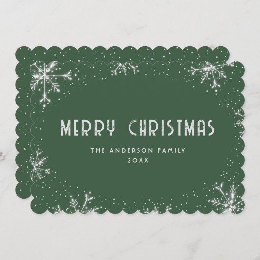 Silver Snowflake Snow Modern Green Christmas Card Feestdagenkaart (Voorkant / Achterkant)