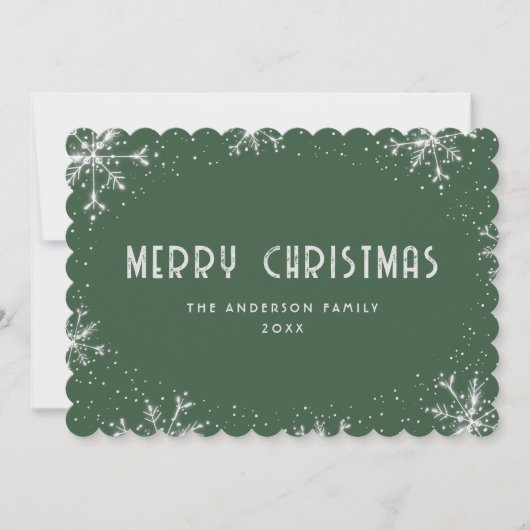 Silver Snowflake Snow Modern Green Christmas Card Feestdagenkaart (Voorkant)