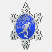 Silver Snowflake Soccer Player op Blue Tin Sneeuwvlok Ornament (Rechts)