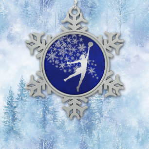 Silver Snowflake Volleyball Player on Blue Tin Sneeuwvlok Ornament