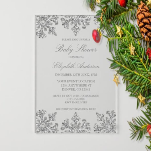 Silver Snowflake Winter Baby shower Acryl Uitnodigingen