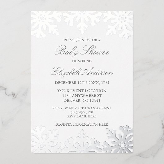 Silver Snowflake Winter Baby shower Folie Uitnodiging (Voorkant)