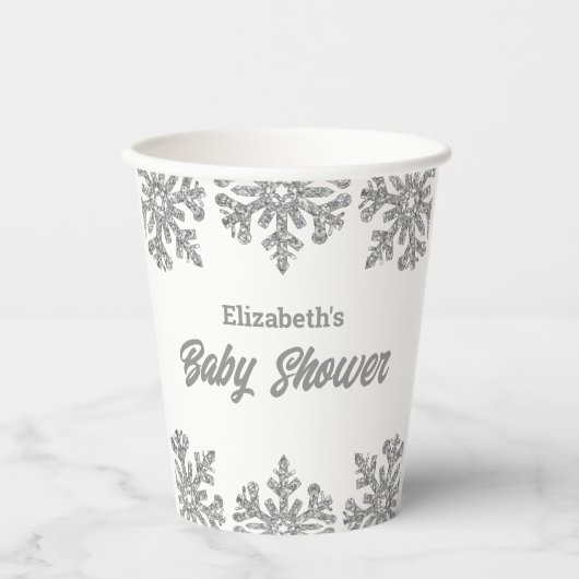 Silver Snowflake Winter Baby shower Papieren Bekers (Voorkant)
