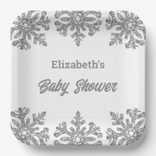 Silver Snowflake Winter Baby shower Papieren Bordje (Voorkant)