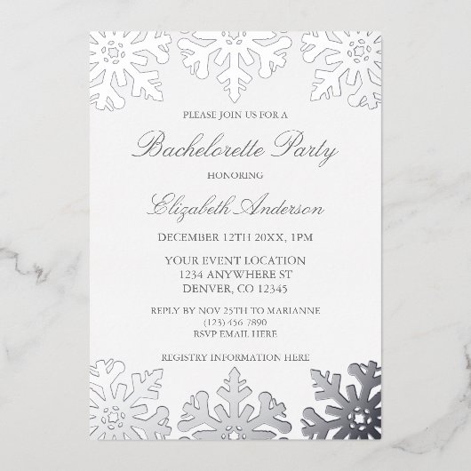 Silver Snowflake Winter Bachelorette Party Folie Uitnodiging (Voorkant)