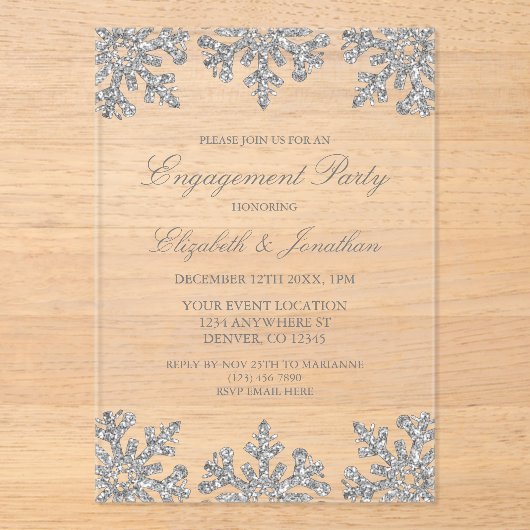 Silver Snowflake Winter Engagement Party Acryl Uitnodigingen (Voorkant)