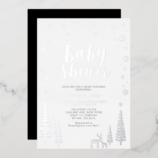 Silver Snowflake Winter Forest Baby shower Folie Folie Uitnodiging (Voorkant / Achterkant)