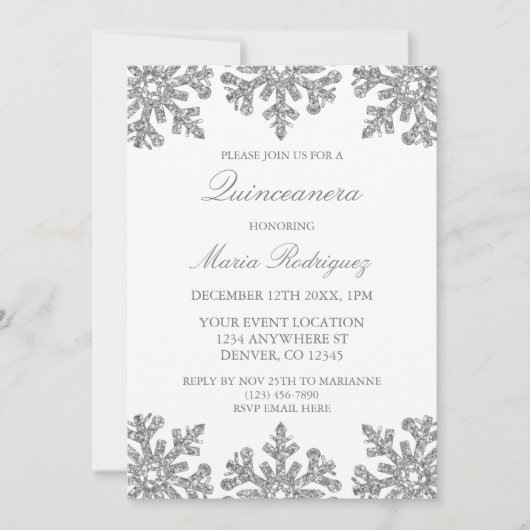 Silver Snowflake Winter Quinceanera Kaart (Voorkant)