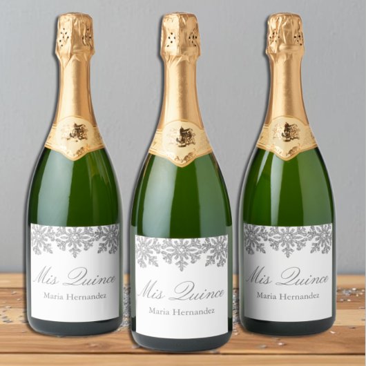 Silver Snowflake Winter Quinceanera Sparkling Wijnetiket