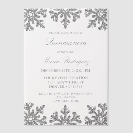 Silver Snowflake Winter Quinceanera Vellum Uitnodigingen (Voorkant)