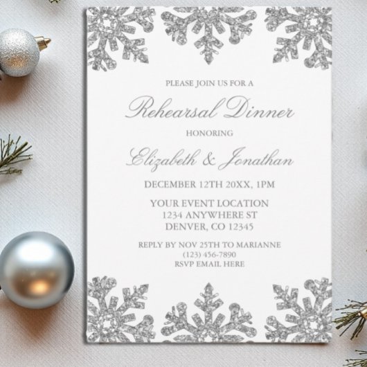 Silver Snowflake Winter Rehearsal Dinner Kaart