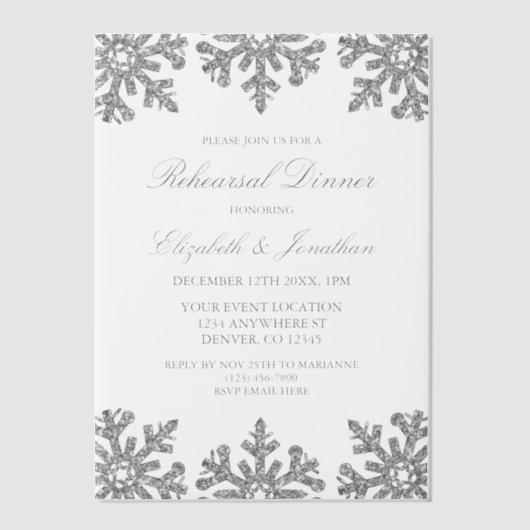 Silver Snowflake Winter Rehearsal Dinner Vellum Uitnodigingen (Voorkant)
