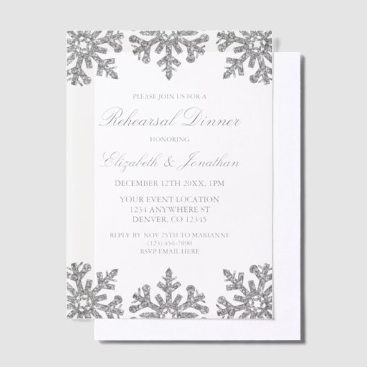 Silver Snowflake Winter Rehearsal Dinner Vellum Uitnodigingen (Offset)