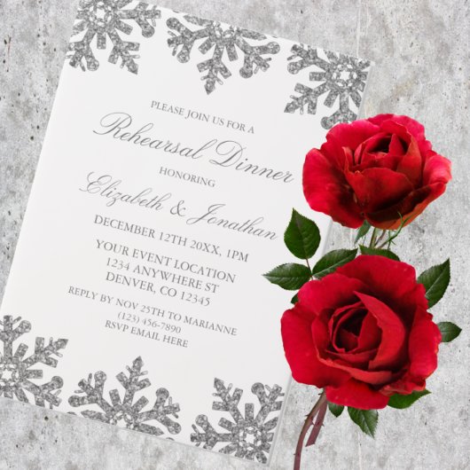 Silver Snowflake Winter Rehearsal Dinner Vellum Uitnodigingen