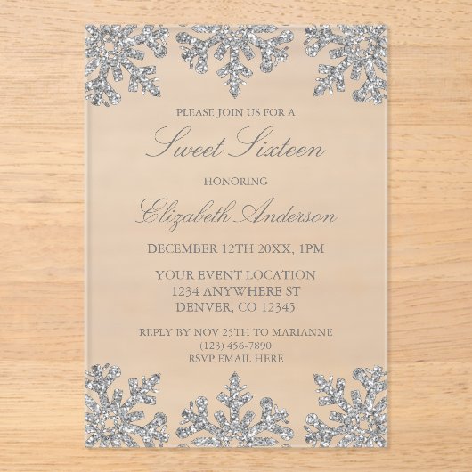 Silver Snowflake Winter Sweet 16 Acryl Uitnodigingen (Voorkant)