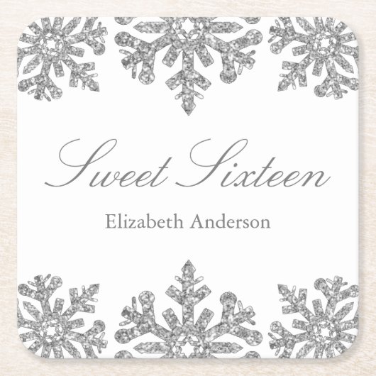 Silver Snowflake Winter Sweet 16 Kartonnen Onderzetters (Voorkant)