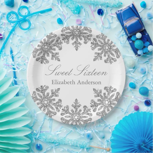 Silver Snowflake Winter Sweet 16 Papieren Bordje (Feest)