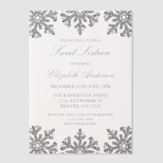 Silver Snowflake Winter Sweet 16 Vellum Uitnodigingen (Voorkant)