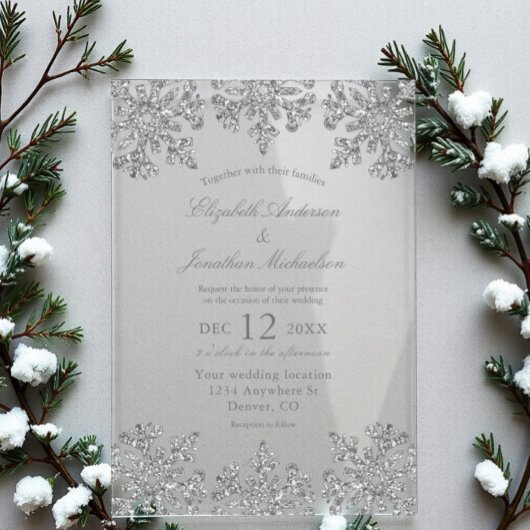 Silver Snowflake Winter Wedding Acryl Uitnodigingen