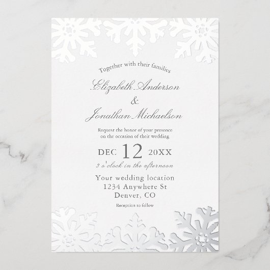 Silver Snowflake Winter Wedding Folie Uitnodiging (Voorkant)