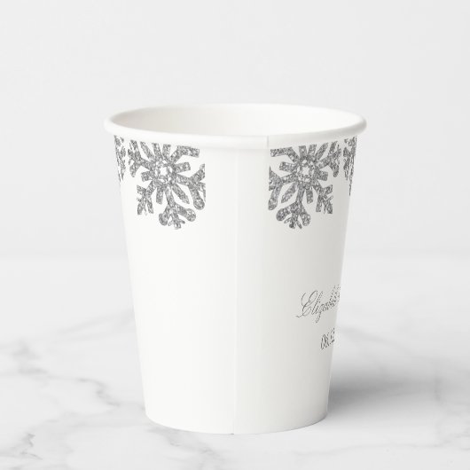 Silver Snowflake Winter Wedding Papieren Bekers (Rechts)