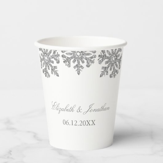 Silver Snowflake Winter Wedding Papieren Bekers (Voorkant)