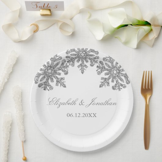 Silver Snowflake Winter Wedding Papieren Bordje (Huwelijk)