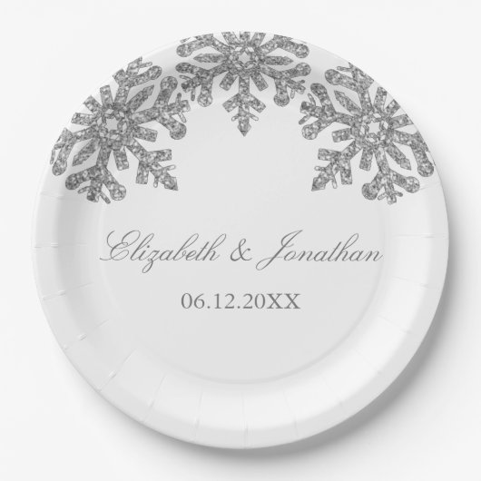 Silver Snowflake Winter Wedding Papieren Bordje (Voorkant)