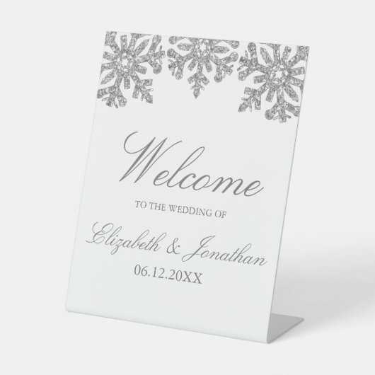 Silver Snowflake Winter Wedding Reclamebord Met Voetstuk (Voorkant)