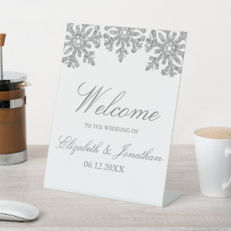 Silver Snowflake Winter Wedding Reclamebord Met Voetstuk