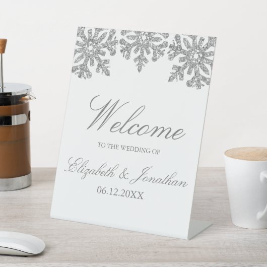 Silver Snowflake Winter Wedding Reclamebord Met Voetstuk (Insitu)