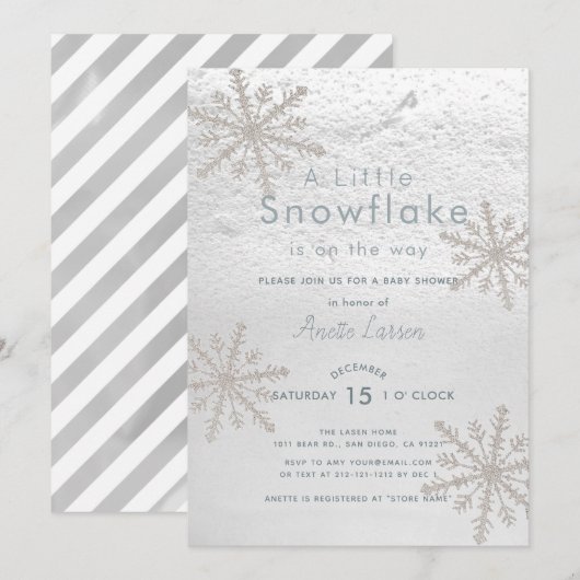 Silver Snowflake Winter White Baby shower Kaart (Voorkant / Achterkant)