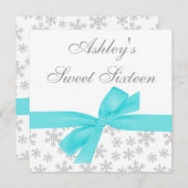 Silver Snowflakes Blauwgroen Bow Sweet 16 Invitati Kaart (Voorkant / Achterkant)