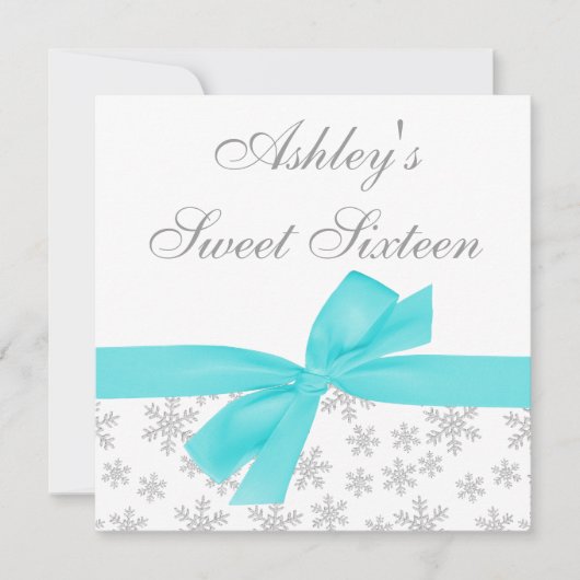 Silver Snowflakes Blauwgroen Bow Sweet 16 Invitati Kaart (Voorkant)