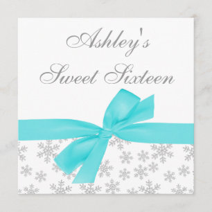 Silver Snowflakes Blauwgroen Bow Sweet 16 Invitati Kaart