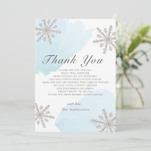 Silver Snowflakes Blue Baby shower Hartelijk dank Kaart (Staand voorkant)