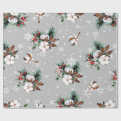 Silver Snowflakes, Cotton Balls, Holly, Evergreen Cadeaupapier (Vlak)