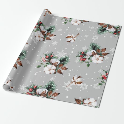 Silver Snowflakes, Cotton Balls, Holly, Evergreen Cadeaupapier (Uitgerold)