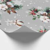 Silver Snowflakes, Cotton Balls, Holly, Evergreen Cadeaupapier (Hoek)