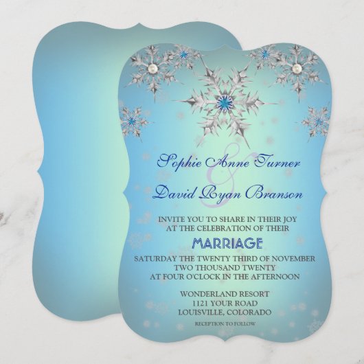 Silver Snowflakes Crystal Blue Pearl Wedding Kaart (Voorkant / Achterkant)