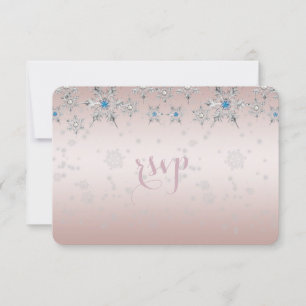 Silver Snowflakes Crystal Pearl Pink Wedding RSVP Kaartje