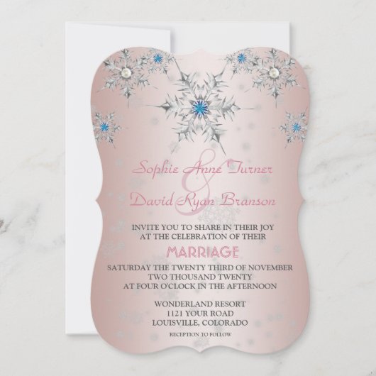 Silver Snowflakes Crystals Blue Pearl Pink Weddens Kaart (Voorkant)
