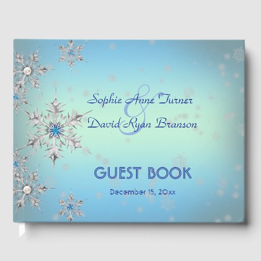 Silver Snowflakes Crystals Blue Pearls Weddenschap Gastenboek (Voorkant)